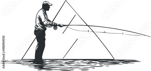 Silhouette of a man fishing with rod and reel standing in water casting line outdoors