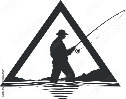 Silhouette of a fisherman standing in water with a fishing rod inside a triangular frame, representing outdoor fishing and leisure activity.