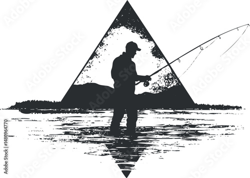 Silhouette of a fisherman standing in water with fishing rod and reel against a mountain landscape in artistic black and white design