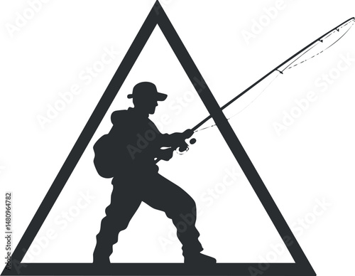 Silhouette of an angler holding a fishing rod and reel inside a triangular frame, fishing activity concept