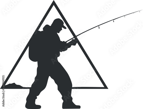 Silhouette of a fisherman holding a fishing rod with a triangular background shape, representing outdoor fishing activity