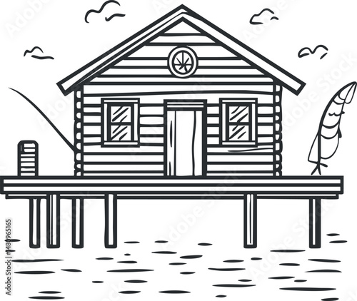 Black and white sketch of a wooden cabin on stilts above water with a dock and natural surroundings