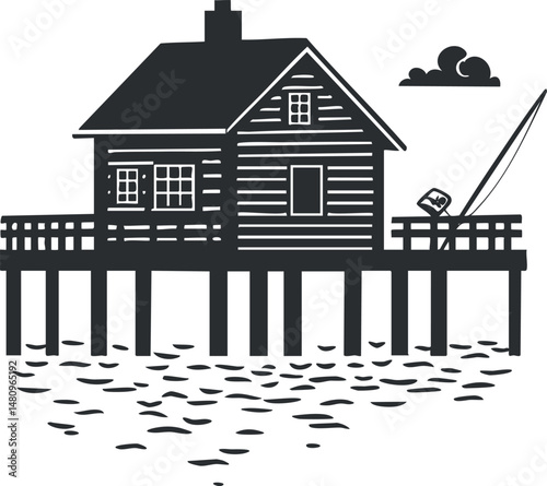Black and white illustration of a wooden house on a fishing pier over water with fishing rod and cloud