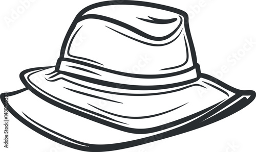 Black and white outline drawing of a classic fedora hat with a wide brim and indented crown
