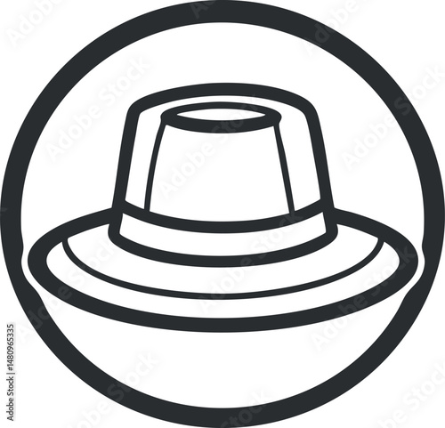 Black and white line art icon of a fedora hat inside a circular frame symbolizing headwear fashion accessory