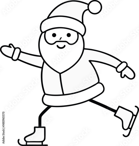 Santa Claus Ice Skating Outline Vector.