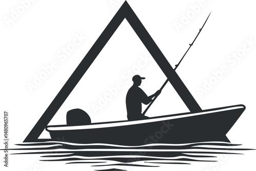 Silhouette of a fisherman in a boat holding a fishing rod on calm water, outdoor fishing activity.