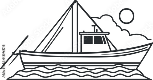 Black and white line drawing of a fishing boat with sail and fishing rod on water with sun and clouds