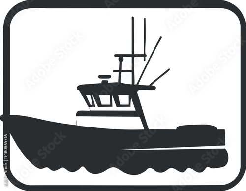 Black silhouette of a fishing boat on water with a framed border, symbolizing marine and fishing activities.