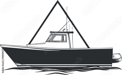 Black and white silhouette of a fishing boat on water with a cabin and antenna in side profile view