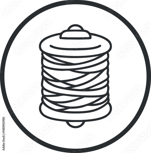 Black and white line art icon of a spool of thread wrapped with sewing string inside a circular border