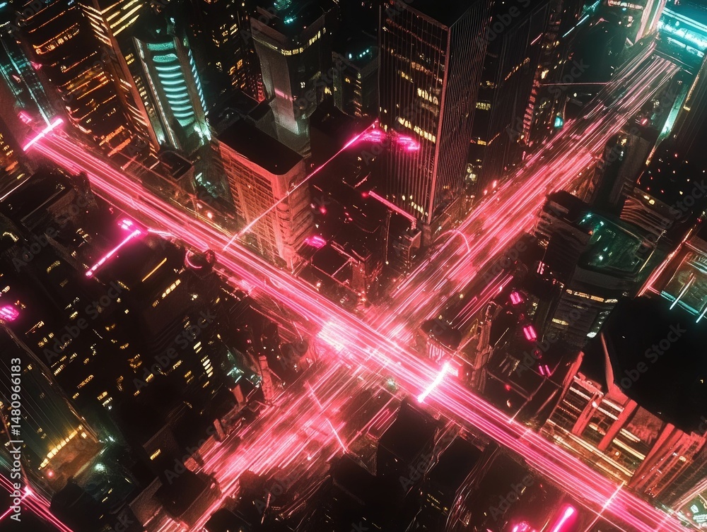 Night cityscape, intersecting roads, vibrant light trails. Night cityscape, intersecting roads, vibrant light trails.
