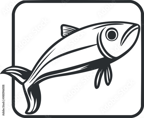 Black and white vector illustration of a fish in a rectangular frame symbolizing marine life and seafood