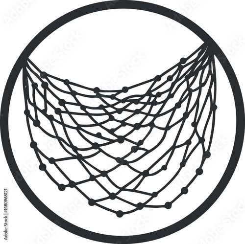 Illustration of a fishing net with knots in a circular frame showing a woven mesh pattern