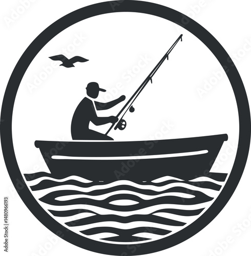 Silhouette of a fisherman in a boat holding a fishing rod on water with a bird flying nearby