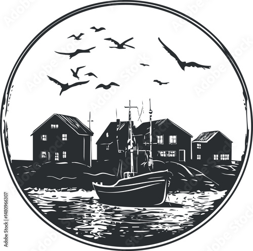 Black and white illustration of a fishing boat docked near a coastal village with seagulls flying overhead