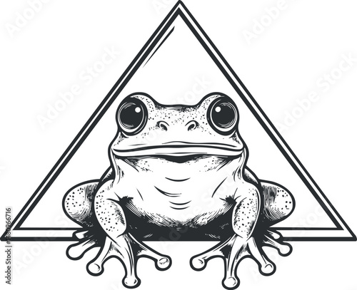 Black and white detailed illustration of a frog sitting in front of a triangle shape symbol