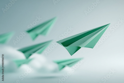 Free Download Green paper airplanes flying over a cloud, symbolizing progress, innovation, and ambition, ideal for business or technology concepts - GFXLoad