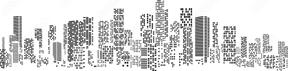 black silhouette of a big city with skyscrapers only windows without background