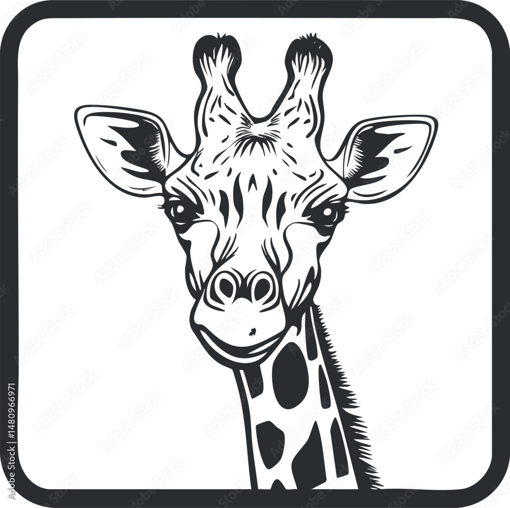 Obraz premium Black and white sketch illustration of a giraffe head and neck, showcasing its distinctive features.