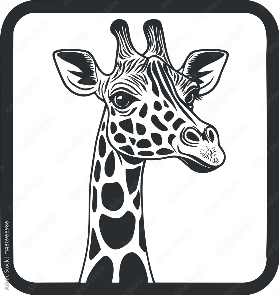 Naklejka premium Black and white illustration of a giraffe head with detailed spots and expressive eyes in a square frame