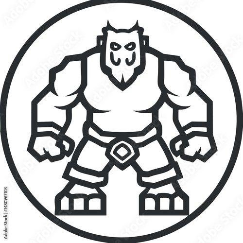 Stylized black and white illustration of a muscular mythical monster with horns and a beard inside a circle
