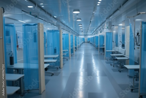Hospital Corridor with Medical Privacy Curtains