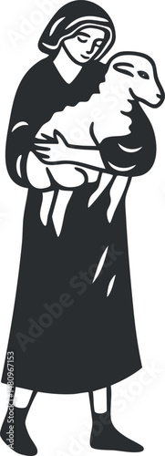 Black and white illustration of a woman shepherd holding a sheep in her arms