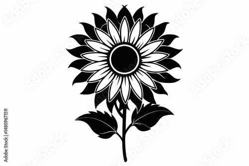 sunflower silhouette line art vector illustration with a white background
