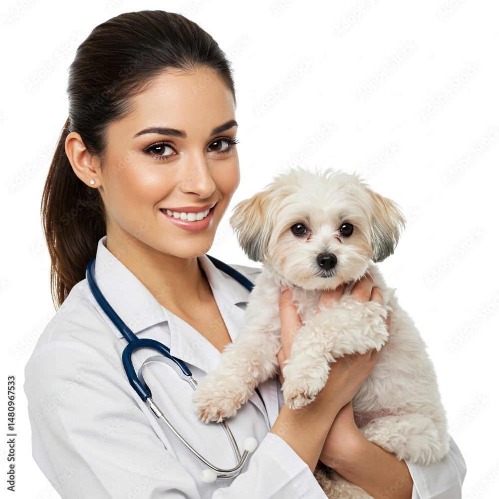 Female veterinarian holding small dog isolated on white background Female veterinarian holding small dog isolated on white background