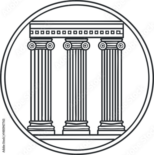 Illustration of three classical architectural columns with decorative capitals inside a circular frame