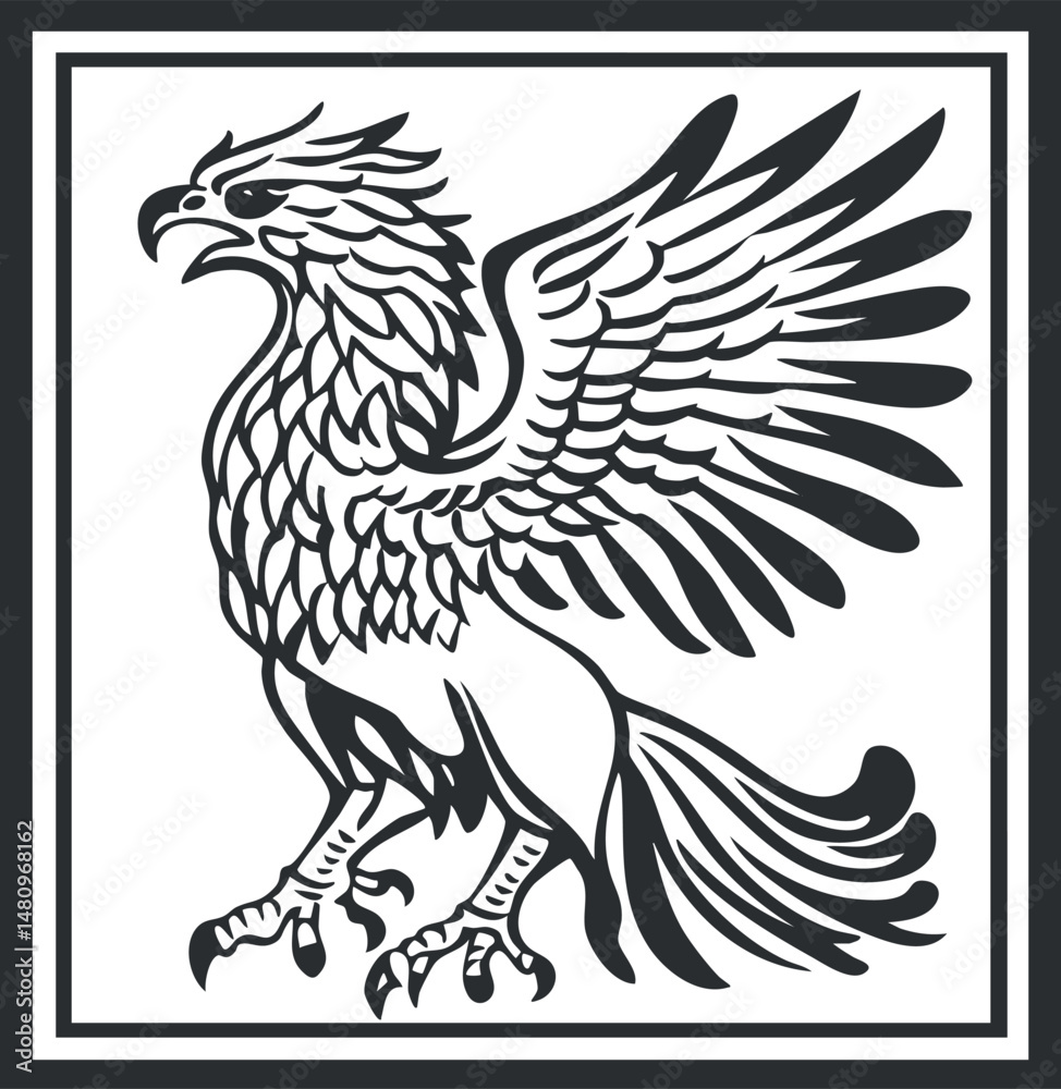 Obraz premium Black and white illustration of a mythical griffin with wings spread inside a square frame