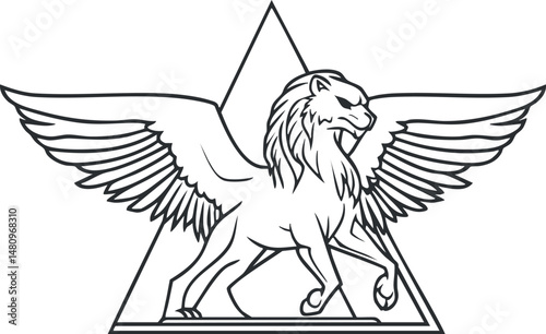 Black and white line art illustration of a winged griffin standing in front of a triangle symbol