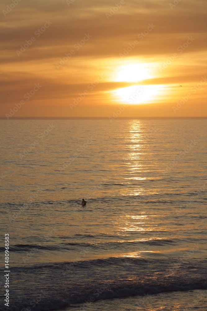 Fototapeta premium Surfer silhouette in pacific ocean during gorgeous beautiful pink orange yellow sunset golden hour in pacific beach san diego california