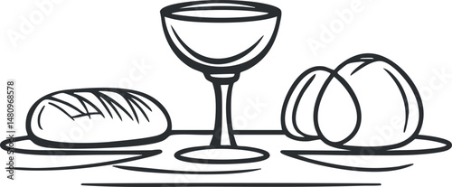 Hand drawn illustration of a wine glass and plates with bread on a table in simple black line art style