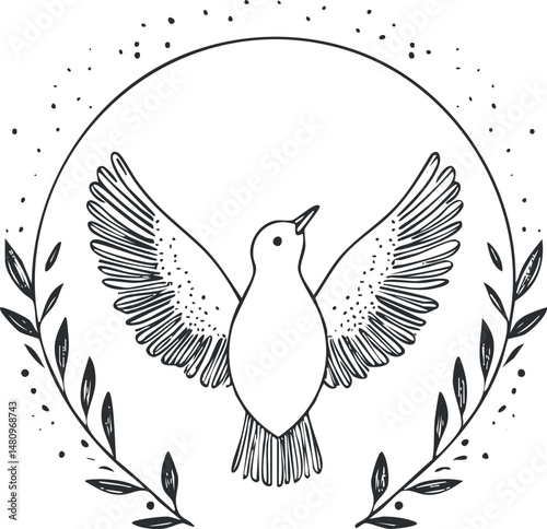 Black and white line drawing of a bird with spread wings inside a circular frame decorated with leaves