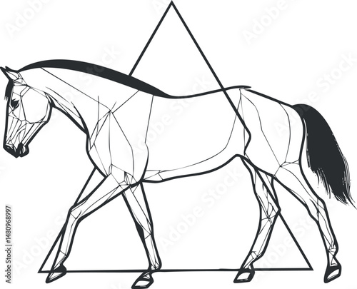 Black and white line art illustration of a walking horse with geometric triangle background