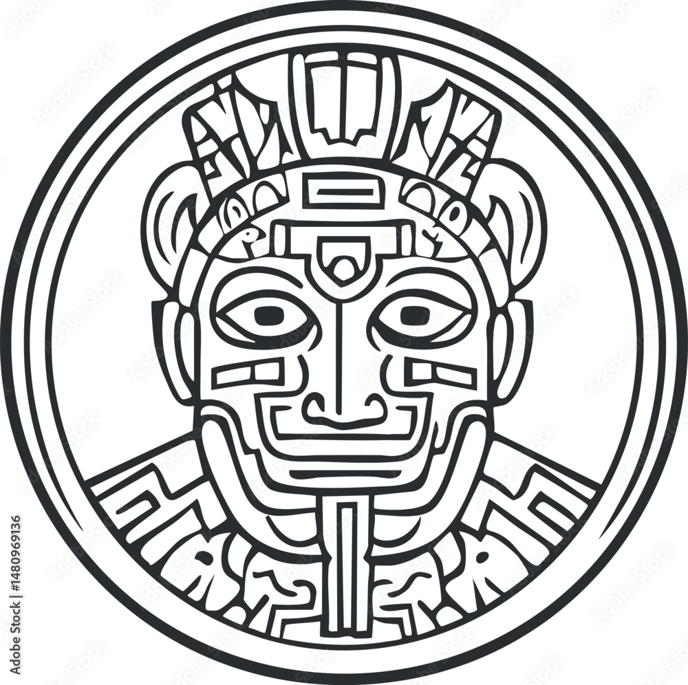 Obraz premium Black and white line art of an ancient Inca tribal mask in circular design symbolizing culture and heritage