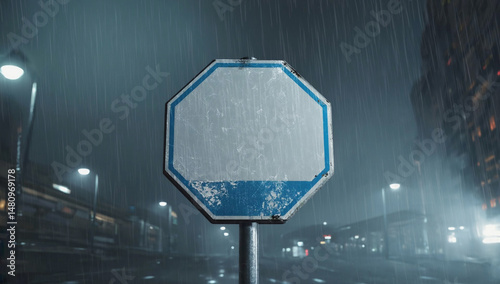Red road sign mockup against the background of the dark night sky in rain, storm and bad weather