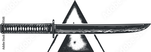 Black and white illustration of a traditional Japanese katana sword with a detailed handle and sharp blade