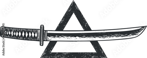 Illustration of a traditional Japanese katana sword displayed horizontally with a triangle background symbol