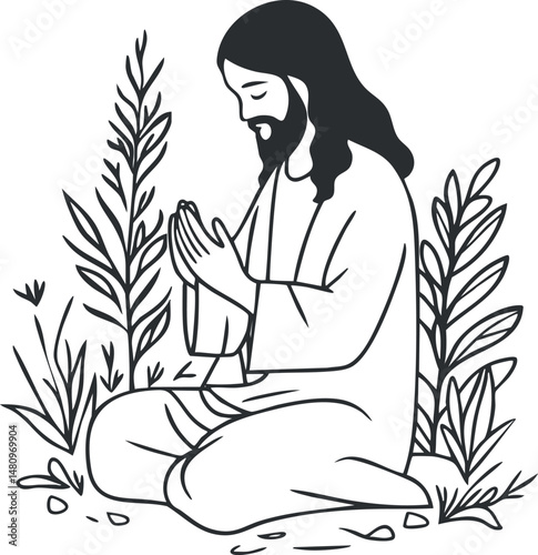 Black and white illustration of Jesus praying outdoors surrounded by plants and nature