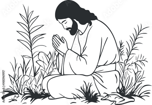 Illustration of Jesus praying in nature surrounded by plants and grass, symbolizing faith and devotion