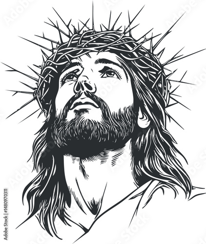 Black and white illustration of Jesus wearing a crown of thorns looking upward in faith and devotion