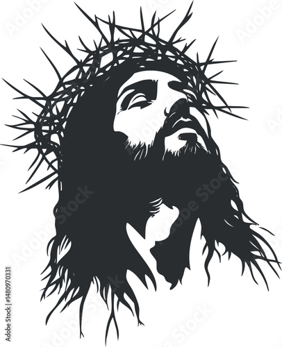 Black and white illustration of Jesus Christ wearing a crown of thorns symbolizing sacrifice and faith