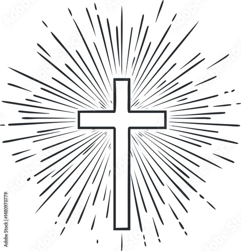 Black and white Christian cross with radiating light rays symbolizing faith and spirituality