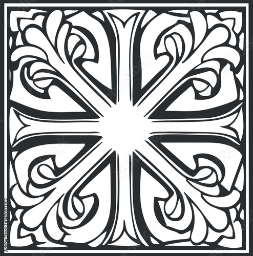 Black and white ornamental decorative floral pattern with symmetrical vintage design in square frame