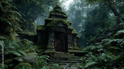 Ancient Temple in the Jungle Covered with Moss, Open Door Revealing Interior