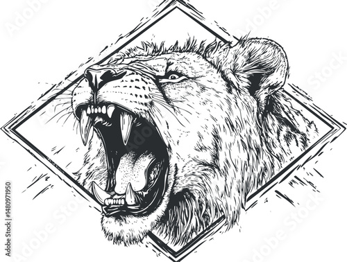 Detailed black and white sketch of a roaring lion head with visible teeth and fierce expression