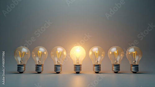 Row of lightbulbs with one glowing in the center
